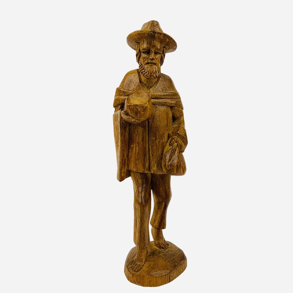 Carved Wooden of Bear-foot Man with Hat and Small Sack‎